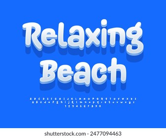 Vector creative poster Relaxing Beach. Playful 3D Font. Funny White Alphabet Letters and Numbers set.