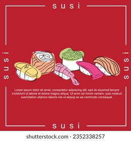 Vector creative poster set of five linear sushi or sashimi with color spots on a red background with a frame from the name. Suitable for menus, advertising, SMM