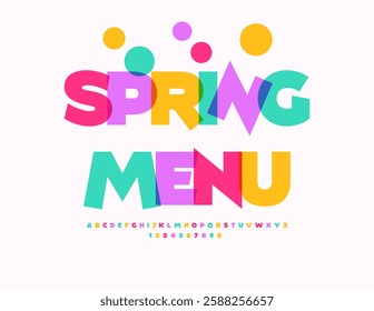 Vector Creative Poster Spring Menu. Positive Colorful Font. Festive Decorative Alphabet Letters and Numbers.