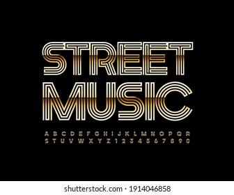 Vector creative poster Street Music. Gold metal Font. Maze style Alphabet Letters and Numbers set