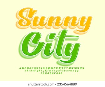 Vector creative poster Sunny City. Green artistic Font. 3D cursive Alphabet Letters and Numbers set