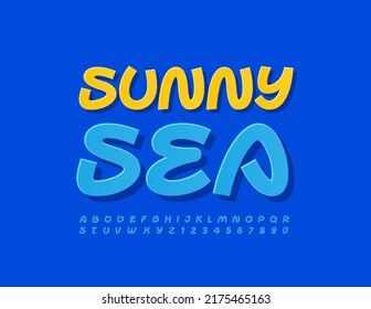 Vector creative poster Sunny Sea. Blue handwritten Font. Set of artistic Alphabet Letters and Numbers