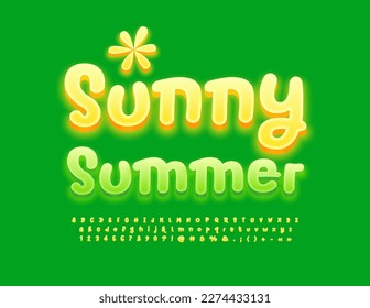 Vector creative poster Sunny Summer. Green handwritten Font. Funny Glowing Alphabet Letters, umbers and Symbols set