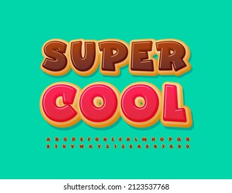 Afiche creativo del vector Super Cool. Cartas y números de alfabeto de pastel de chocolate. Tastuto tipo de letra de donut