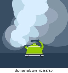 Vector creative poster template featuring teapot of boiling water on gas stove | Steaming kettle abstract background template for your text