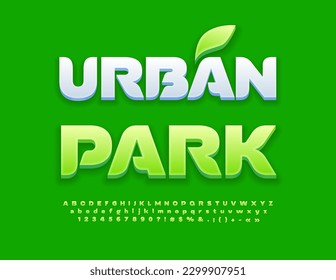 Vector creative poster Urban Park with decorative Leaf. 3D Unique Font. Trendy set of Green Alphabet Letters, Numbers and Symbols