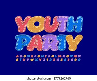 Partido Juvenil de Afiche Creativo Vector. Denim Font brillante. Jeans de moda y colores letras y números