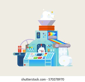 Vector creative print with gift factory machine isolated on light background. Holiday illustration of conveyor process with wish list. Isometric style card design