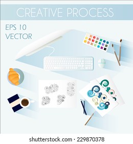 Vector creative process illustration. Design ambiance. Flat style with long shadows.  