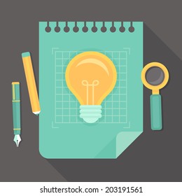 Vector creative project - icon in flat style - innovation concept - light bulb on blue paper
