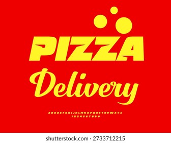 Vector Creative Promotion Pizza Delivery. Artistic Dynamic Font. Unique Yellow Alphabet Letters and Numbers set.