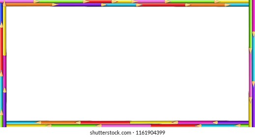 Vector creative rectangle border frame made of colored wooden pencils isolated on white background. Back to school framework bordering template concept, banner, poster with empty copy space for text