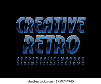 Vector Creative Retro Alphabet Letters and Numbers. Glossy Elegant Black and Blue Font