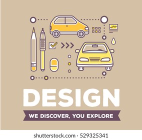 Vector creative retro color illustration of linear golden car with drawing tools, icons and header on brown background. Design of car. Flat thin line art style design for creative car design studio
