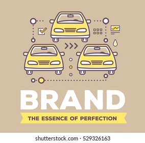 Vector creative retro color illustration of golden cars with line icons and header on brown background. Car brand service and maintenance. Flat thin line art style design for car repair, wash, parking