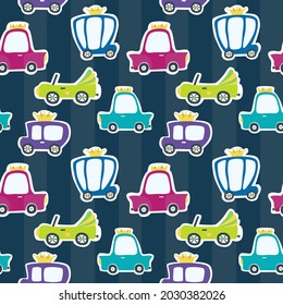 Vector creative seamless pattern with cartoon cars in crowns. Print for printing with bed linen and wrapping paper machines. Hand drawn cartoon car stickers