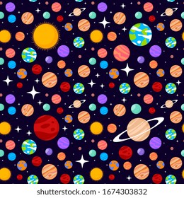 Vector creative seamless pattern with celestial objects in outer space. Astronomical bodies and sun on black background. Planet of solar system in galaxy. Flat style cosmic design for textile, paper