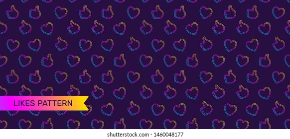 Vector creative seamless pattern with gradient heart and thumb up on dark color background. Line art style socila media design with approve reactions for web, site, banner, card, network 