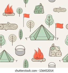 Vector creative seamless pattern with hiking elements (camp fire, tent, flag, backpack, tree, bowler)