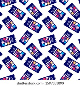 Vector creative seamless pattern of mobile phone with application icon on white background. Flat style concept design of phone gadget for web, site, banner, poster, app advertising, print