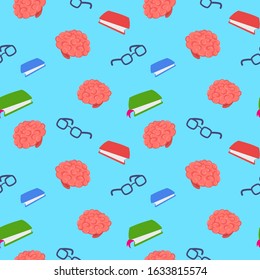 Vector creative seamless pattern with pink human brain, glasses and text book on blue background. Flat line art style scientific design with education brain for web, site, banner, print, paper