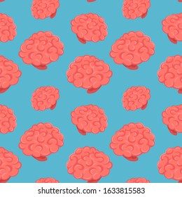 Vector creative seamless pattern with pink human brain on blue background. Flat line art style scientific design with education brain for web, site, banner, print, paper, textile