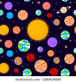 Vector creative seamless pattern with planet of solar system in galaxy. Celestial objects in outer space. Astronomical bodies and sun on black background. Flat style cosmic design for print, textile