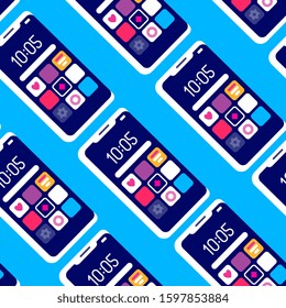 Vector creative seamless pattern with repeat mobile phone on blue background. Flat style concept design of phone gadget with application icon for web, site, banner, poster, app advertising, print