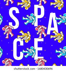 Vector creative seamless pattern with word space and astronaut exploring outer space. Cosmonaut in spacesuit making spacewalk on blue background with star. Flat line art style fashion paper design