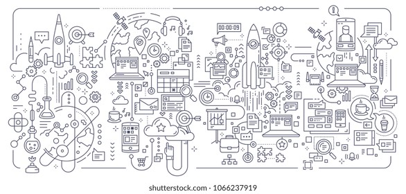 Vector creative set of business concept illustration on white background. Technology business process composition template. Hand draw flat thin line art style monochrome black and white banner design