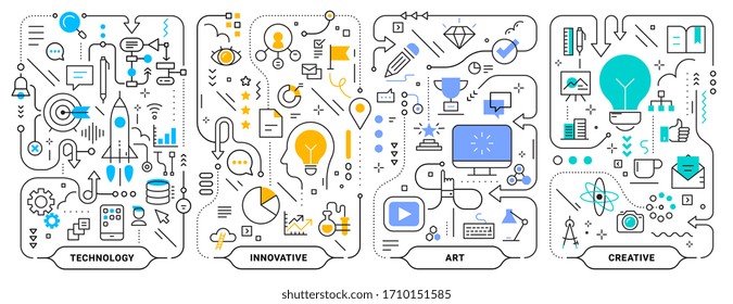 Vector creative set of business concept horizontal illustration on white background. Innovate technology business process template. Hand draw flat line art style design for web, banner, print