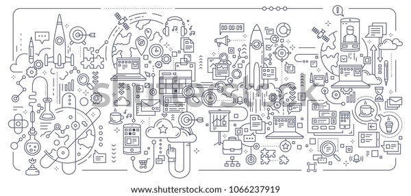 Vector creative set of business concept\
illustration on white background. Technology business process\
composition template. Hand draw flat thin line art style monochrome\
black and white banner\
design