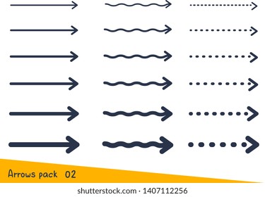 Vector creative set of different types of arrow moving forward right on white background. Line art doodle style graphic design for web, site, banner, poster