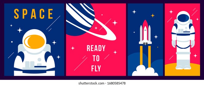 Vector creative set of illustration with cosmonaut in spacesuit, planet and spaceship on color background. Flat line art style concept design of astronaut for holiday cosmonautics day greeting card