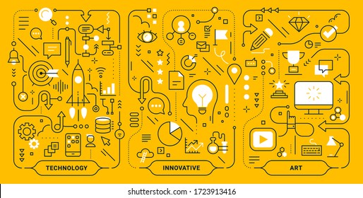 Vector creative set of innovate technology business process template. Business concept illustration on yellow background. Flat line art style design for web, banner, print, presentation