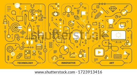 Vector creative set of innovate technology business process template. Business concept illustration on yellow background. Flat line art style design for web, banner, print, presentation