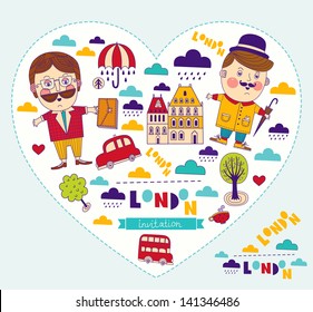 Vector creative set with modern stylized London symbols and landmarks. Invitation: Welcome in London