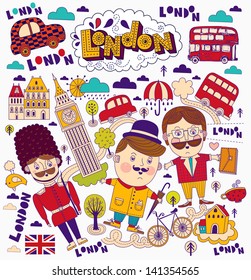 Vector creative set with modern stylized London symbols and landmarks