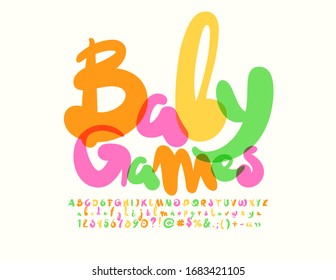 Vector creative sign Baby Games with bright Font. Colorful handwritten Alphabet Letters and Numbers