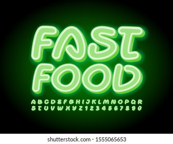 Vector creative sign Fast Food with green Font. Neon handwritten Alphabet Letters and Numbers