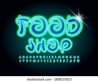 Señal creativa vectorial Food Shop. Fuente eléctrica brillante. Letras y números de alfabeto neón artístico
