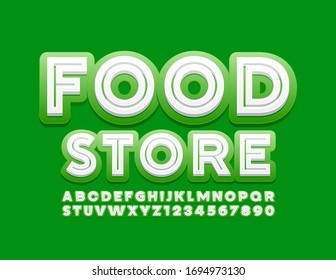 Vektorillustration kreatives Schild Food Store mit modernen Alphabet Letters and Numbers. Trendgrün und Weiß