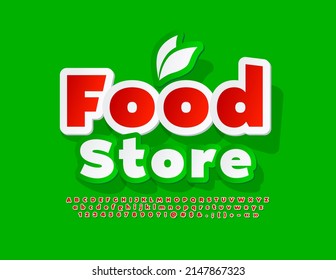 Vector creative sign Food Store with decorative Leaves. Sticker Alphabet Letters, Numbers and Symbols set. Bright Red and White Font