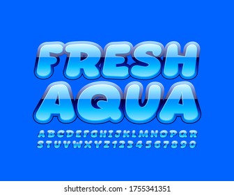 Signo creativo vectorial Aqua fresco con fuente brillante. Letras y números de alfabeto azul