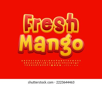 Vector creative sign Fresh Mango. Funny Handwritten Font. Red and Yellow bright Alphabet Letters and Numbers set
