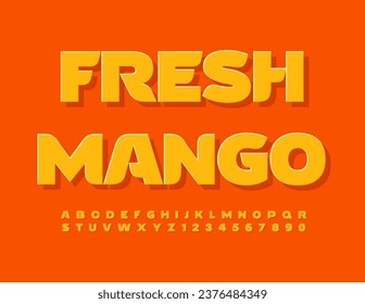 Vector creative sign Fresh Mango. Bright modern Font. Sticker style Alphabet Letters and Numbers set