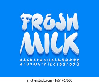 Vector creative sign Fresh Milk. White handwritten Font. Trendy Alphabet Letters and Numbers