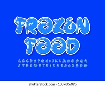 Vector creative sign Frozen Food. Blue artistic Font. Handwritten Alphabet Letters and Numbers set