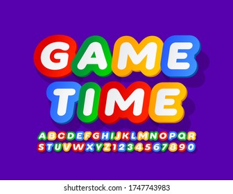 Vector creative sign Game Time with Bright Alphabet Letters and Numbers. Colorful Sticker Font