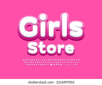 Señal creativa vectorial de la tienda de chicas. Fuente blanca de moda. Letras y números alfabéticos artísticos